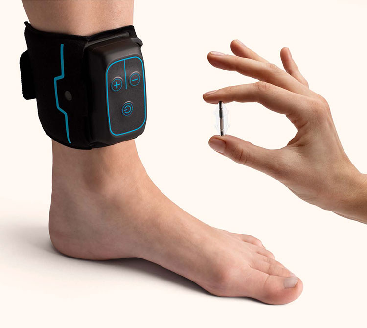 Foot with wearable in the top left, and hand holding the implant with thumb and index finger in the bottom right.